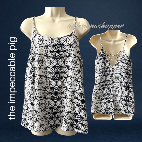 The Impeccable Pig White Black & Blue Starbursts Spaghetti Strap Lined Top Med - Picture 2 of 6
